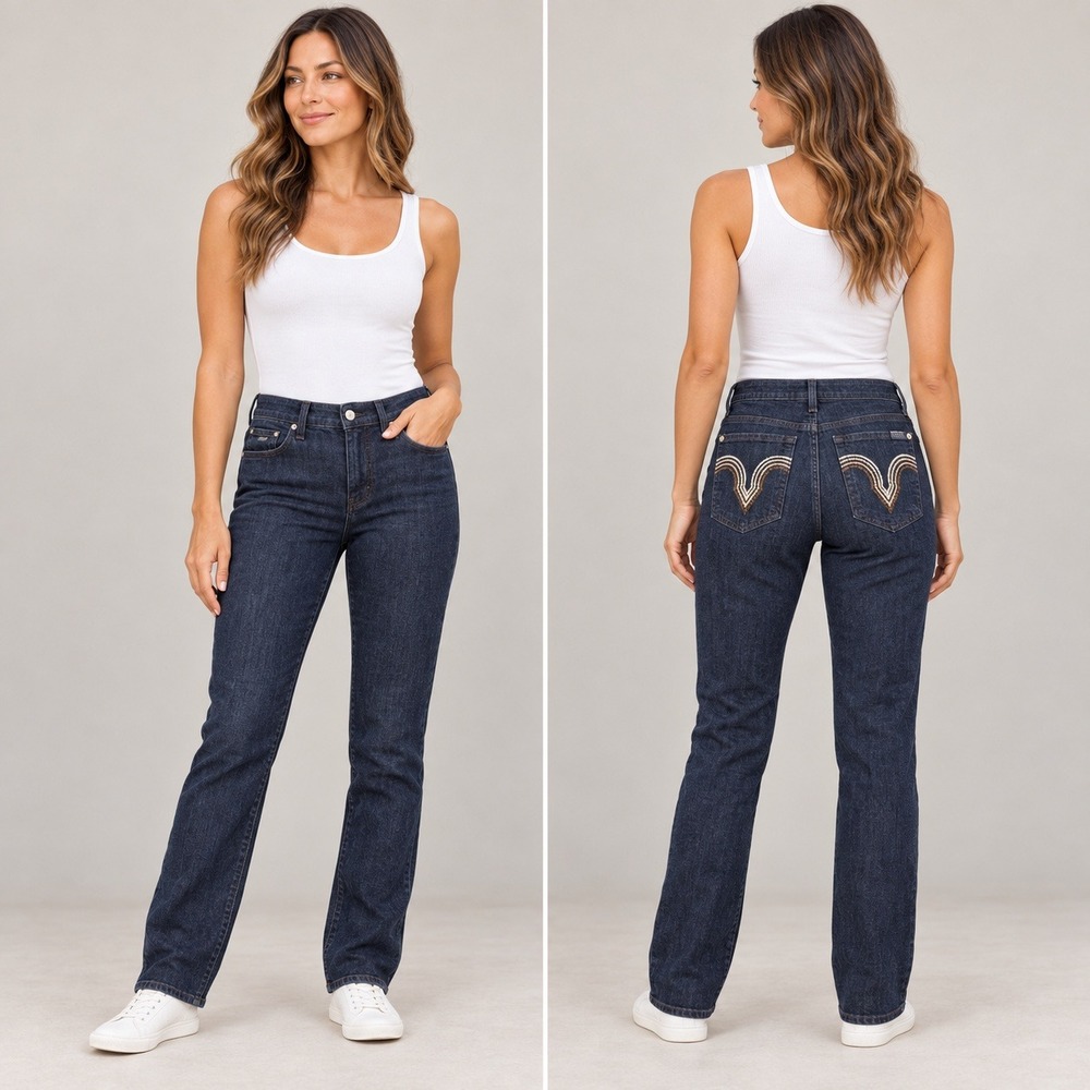 7 For All Mankind Straight Leg Jeans Womens 30 Dark Blue Embroidered Rhinestone